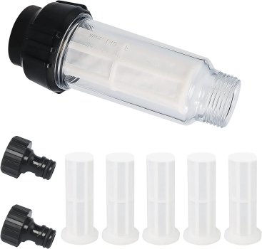 Wasserfilter Gartenschlauch, 3/4 Zoll Wasser Vorfilter Wasserfilter Set mit 5 Filtereinsatz + 2 Schnelladapter für Hochdruckreiniger Wohnmobil Gartenpumpe